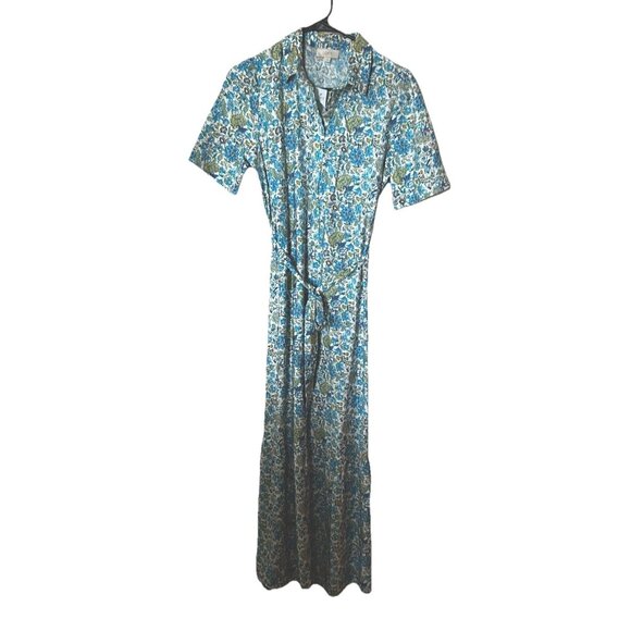 New Loft Outlet Maxi Shirt Dress Small Blue Cottagecore Floral Prairie Ruffle - Picture 1 of 8